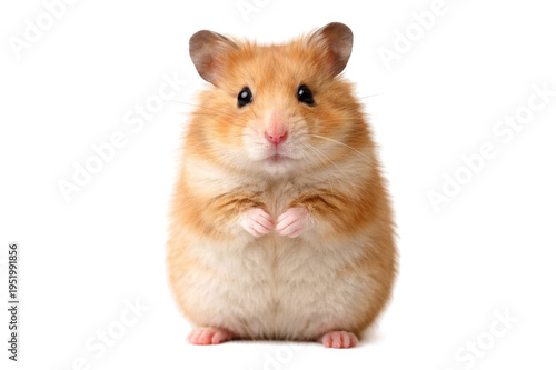 Isolated cute golden hamster standing with front paws together, front view, ready for PNG cutout, transparent background design element, clipart