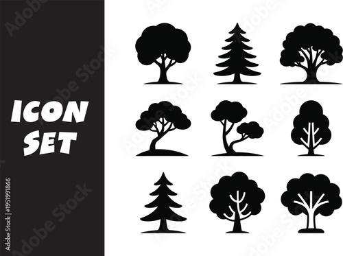 Diverse set of nine black silhouette tree icons arranged in a grid pattern