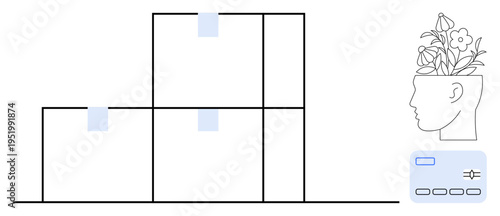 Clean geometric blocks paired with a head sprouting flowers represent conceptual themes of creativity, organization, mental growth, and innovation. Ideal for ideas, self-development, productivity