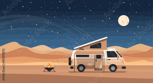 Camper van in desert at night with campfire
