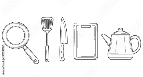 Kitchen Utensils - Frying Pan, Spatula, Knife, Cutting Board, Teapot Line Art.