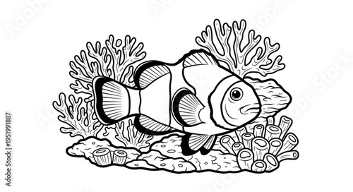 Detailed Clownfish Illustration with Bold Outlines for Coloring Pages.