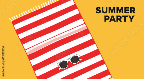 Vector illustration of red and white striped beach towel with sunglasses on yellow background for summer party