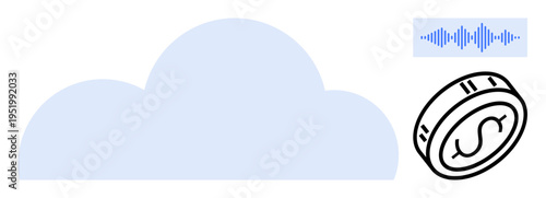 Cloud computing concept. Cloud computing with financial and audio symbols. Cloud computing in modern technology. For fintech, digital media, data storage, audio technology, web services