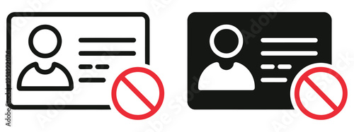 Blocked user ID icon, featuring person avatar with tag and prohibition symbol, account suspension, access restriction, and privacy protection vector