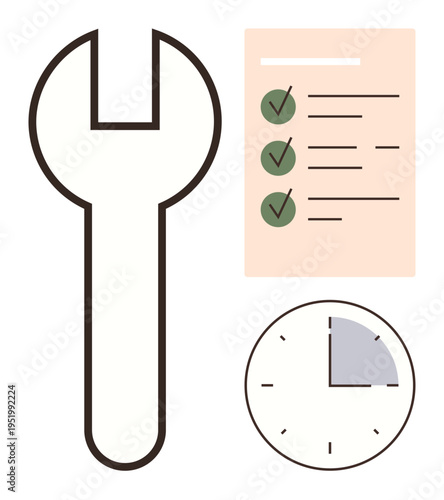 Repair services, task scheduling, maintenance planning, productivity, efficiency, completion. Wrench, checklist with checkmarks clock showing time. Repair services and task scheduling concept