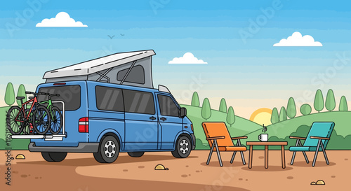 Camping van with bicycles and outdoor furniture