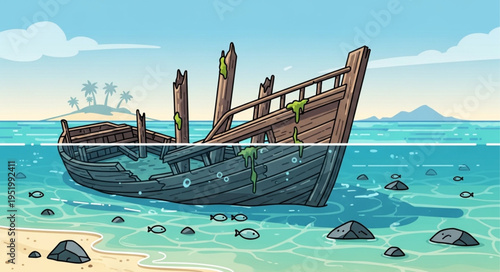 Sunken Shipwreck on a Tropical Shoreline, Cartoon Style.