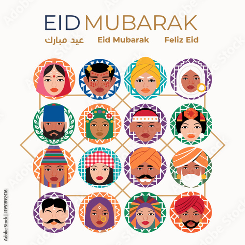 Diverse group of people celebrating eid mubarak with colorful headscarves and traditional attire on white background