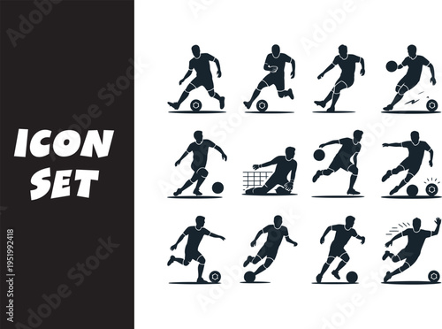 Collection of soccer action icons depicting various player movements and skills