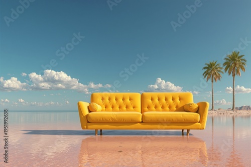 Bright yellow sofa placed in a surreal beach landscape with calm water reflections and palm trees. Minimalist concept blending interior design, summer vibes and dreamy outdoor scenery.