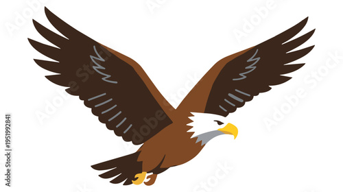 Bald eagle flying with wings spread wide over white background