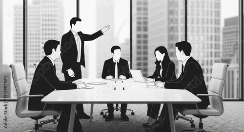 Dynamic Business Meeting - Leader Directing Team in Modern Office.