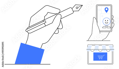Digital creativity, navigation, online shopping, mobile tools, communication, e-commerce. Minimalist hand holding a pen, smartphone with map storefront with cart. Digital creativity and navigation