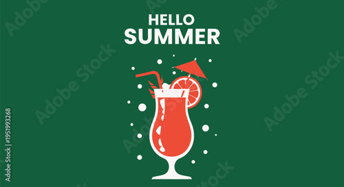 Vector hello summer cocktail icon with green background