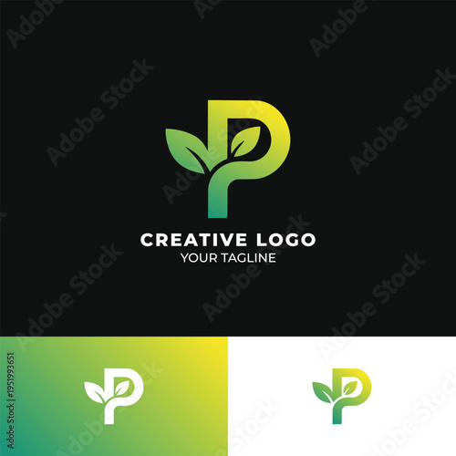 Eco Letter P Logo, Green Leaf Monogram, Nature Organic Brand Identity, Modern Minimal Gradient Logo Design