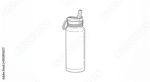 Reusable water bottle tumbler illustration, stainless steel vacuum flask in line art style, eco friendly hydration container