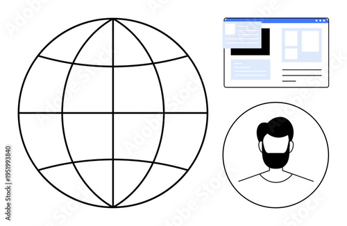 Technology, communication, digital identity, web development, global network, user interface. Globe grid, user profile icon and web page layout. Communication and digital identity concepts