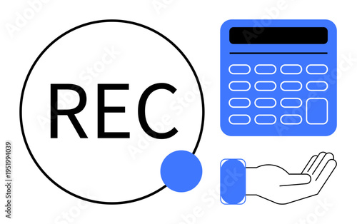 Finance, bookkeeping, investment tracking, revenue management, budget planning, cost calculation. Minimalistic hand with symbol of calculator and REC text. Finance and bookkeeping