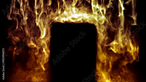 Hellfire inferno gate biblical fire portal burning door flames brimstone loop black background 4K