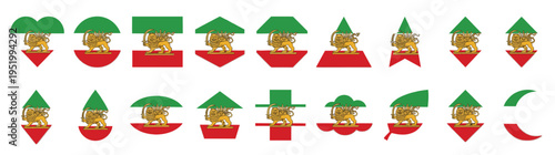 Iranian Lion and Sun emblem icon set in various geometric shapes with green white and red national flag colors for Persian history and cultural heritage isolated on white background