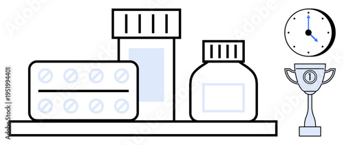 Medication concept. Pills and bottles pharmaceutical care, while clock and trophy timely health goals. Medication for wellness, routine care, health goals, pharmacy, time management