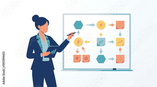 Businesswoman in a dark suit confidently presents a colorful flowchart on a whiteboard holding a tablet and stylus symbolizing strategic