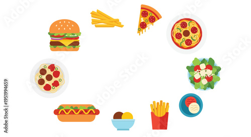 Various flat vector food icons including burgers, fries, pizza, pasta, hot dogs, salad, and ice cream are arranged on a white background.