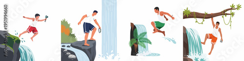 Illustrations of men and boys enjoying outdoor adventure activities like cliff jumping and swinging near waterfalls in a beautiful tropical nature landscape.