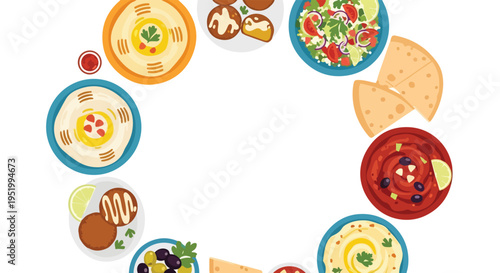 A vector illustration shows a circular frame of Middle Eastern dishes including hummus, falafel, salad, and pita bread, on a white background.