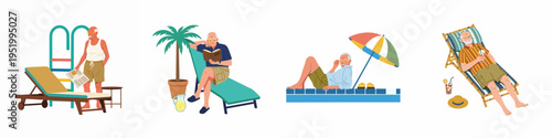 Set of Illustrations Featuring an Elderly Man Relaxing by the Pool and on Lounge Chairs During Summer Vacation