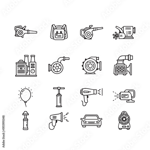Air Blower Icons: Leaf Blower Pump Fan Hair Dryer Car Balloon MegaphoneLine Art