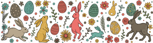 Colorful Easter banner illustration with hand drawn rabbits and patterned eggs surrounded by spring flowers and botanical elements for seasonal greeting card fully isolated on white background