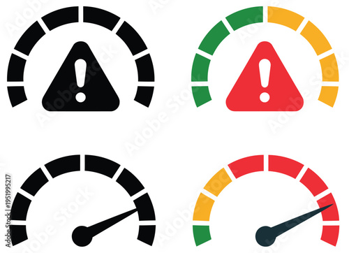 Risk indicator icon collection, featuring risk meter, alert levels, hazard evaluation, and decision-making support vector