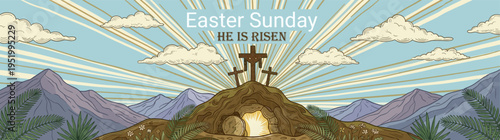 Easter Sunday He is Risen religious banner illustration with three crosses Calvary hill and empty tomb with stone rolled away under bright sunbeams sky for Christian celebration background