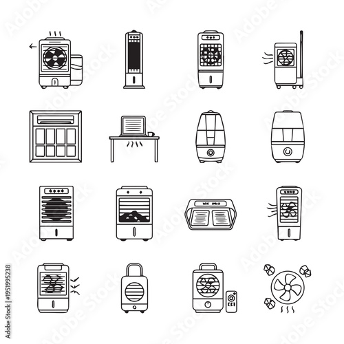 Air Cooler Icons Set: Various Fan and Humidifier Designs Line Art
