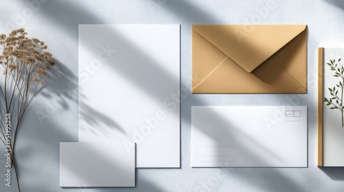 Stationery mockup with envelope, cards, and dried flowers on white background