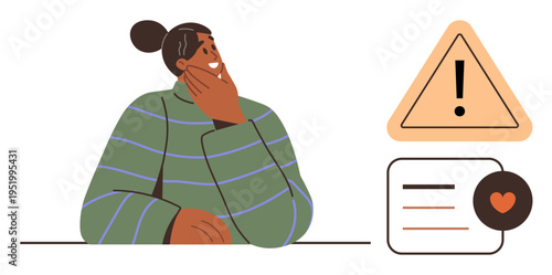 Decision making, risk assessment, time management, safety awareness, productivity, mindful thinking. Person contemplating with warning triangle and task reminder icons. Decision making and risk