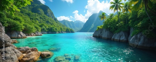 Beautiful tropical island coast with clear turquoise water, green rich mountains, palm trees, blue sky. Rocky shores meet calm ocean waves. Serene paradise destination for summer vacation trips,