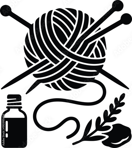 Knitting Yarn Ball with Needles Craft Icon,
Minimal black icon of yarn ball with knitting needles, thread, bottle and leaf, representing handmade craft, knitting hobby, and cozy DIY creativity.