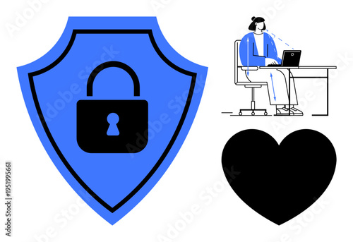 Cybersecurity concept. A secure lock shield highlights protection, with remote work , safety. Cybersecurity ensures data security, privacy, and safe connections. For tech, remote work privacy