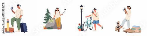 Collection of diverse young people traveling, vlogging and capturing content with cameras and smartphones in various scenic locations, flat vector illustration.