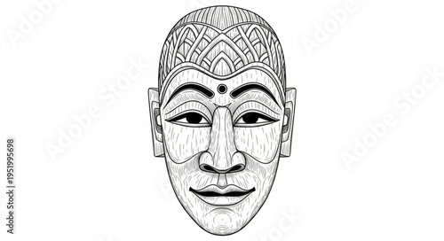 Detailed Line Art of a Traditional Javanese Mask.