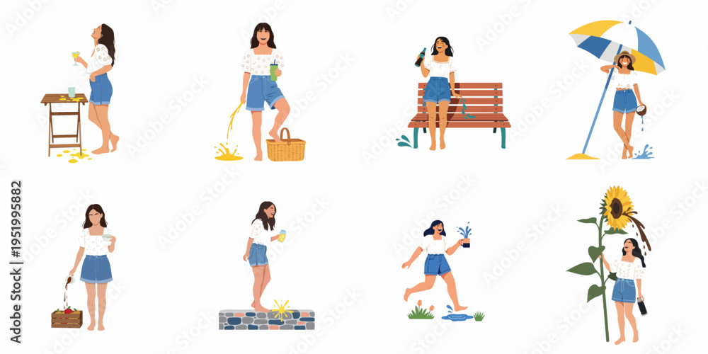 Fototapeta premium Vector illustration set of a cheerful young woman in summer attire playfully spilling various drinks across multiple outdoor settings.