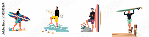 Collection of diverse men and senior surfers enjoying beach activities with their surfboards in a flat vector illustration style.