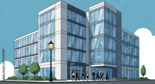 Modern Office Building Illustration with Glass Facade and Street Lamp.