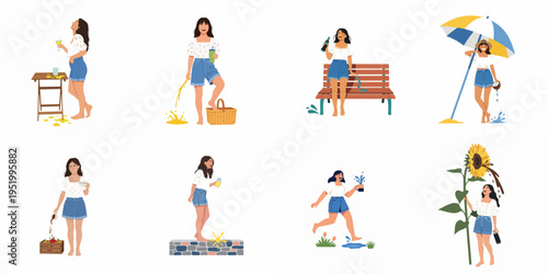 Vector illustration set of a cheerful young woman in summer attire playfully spilling various drinks across multiple outdoor settings.