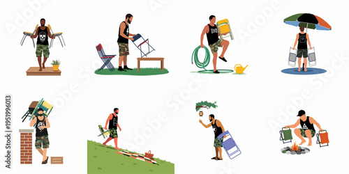 Illustrations of a man in camouflage shorts performing various outdoor tasks like gardening, camping, and relaxing at the beach or a picnic.