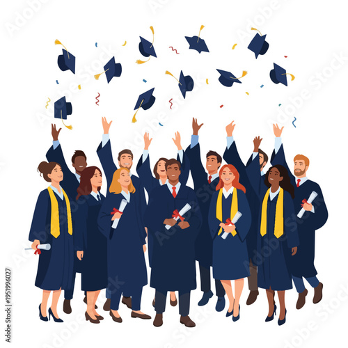 Diverse graduates in academic regalia toss caps in celebration, confetti falls