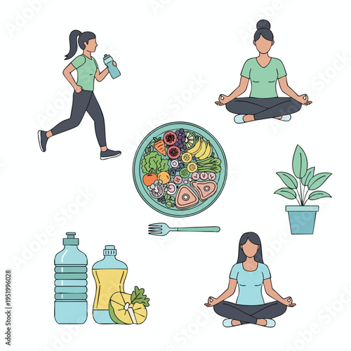 Vibrant lifestyle icons running, yoga, healthy food, hydration, and plant